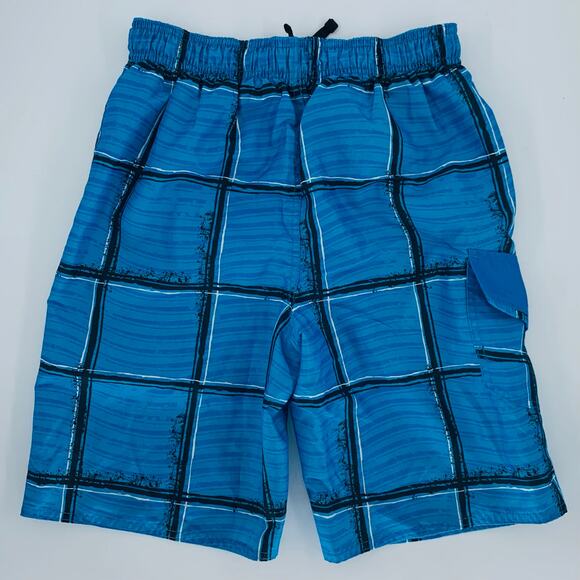 O Rageous Swim Trunks Boy S 14/16 L Blue Plaid Stripe Elastic & Tie Waist Pocket - Picture 2 of 10
